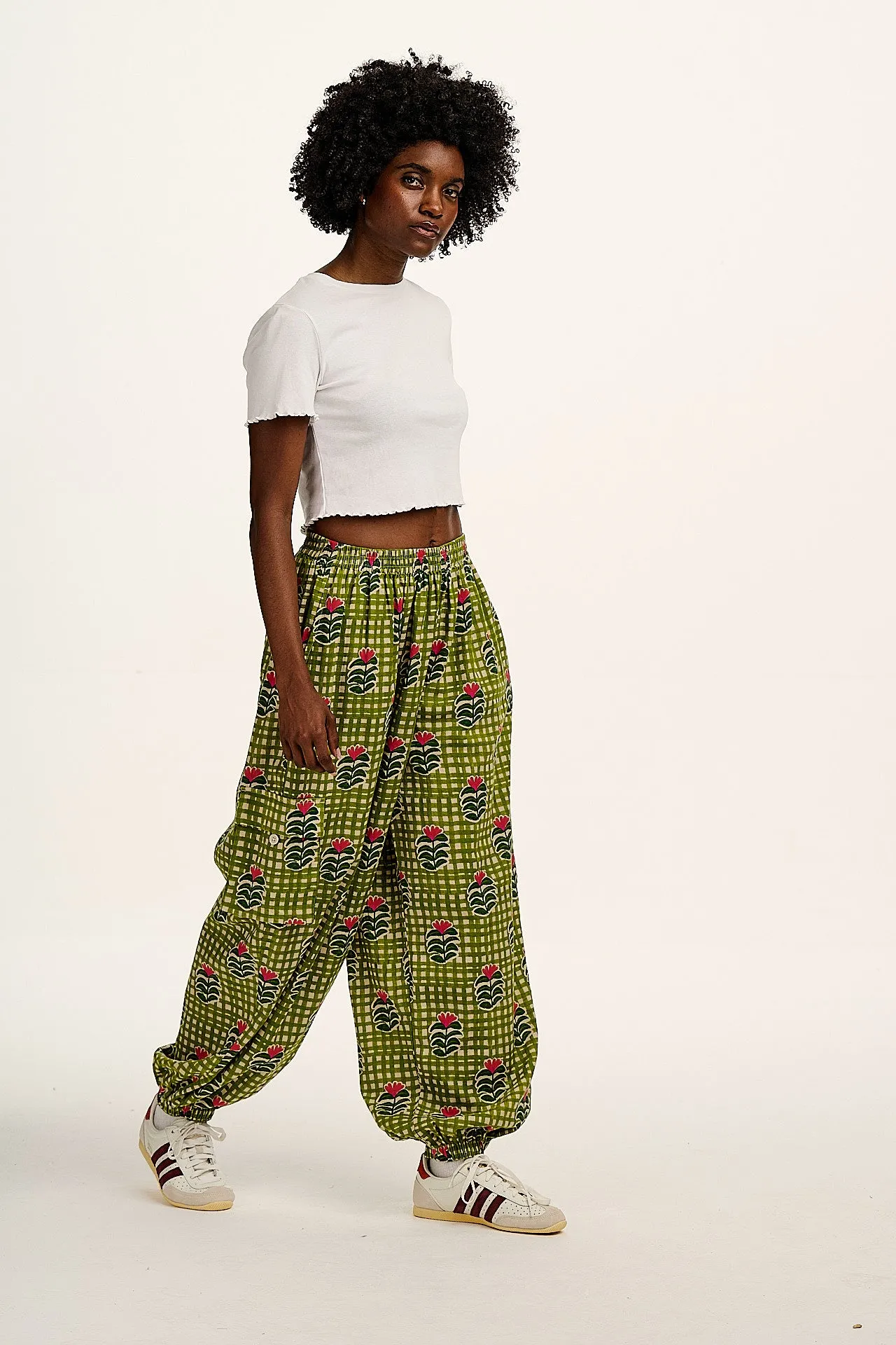 Rumi - Cotton & Linen Barrel Trousers in Blooming Green Checkerboard sold by Lucy & Yak product image thumbnail 5