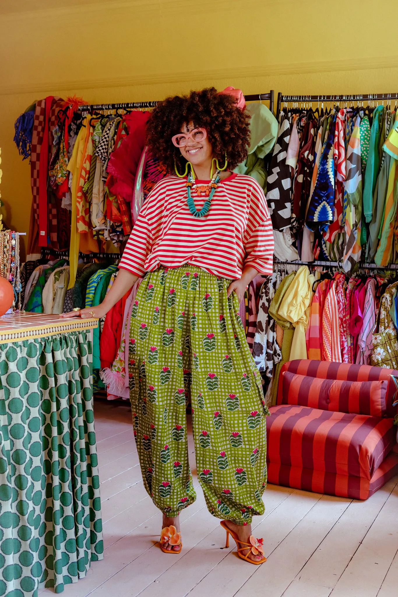 Rumi - Cotton & Linen Barrel Trousers in Blooming Green Checkerboard sold by Lucy & Yak