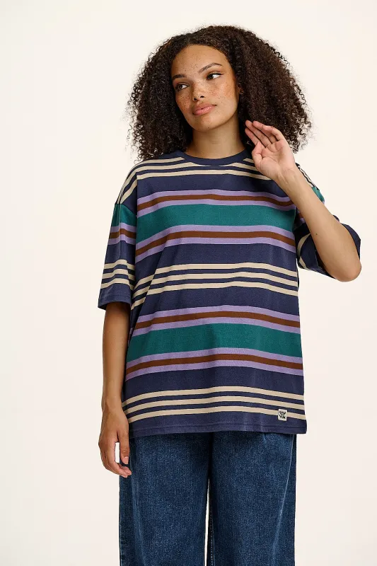 Benny - Oversized Cotton Tee in Blue Earthy Stripe sold by Lucy & Yak