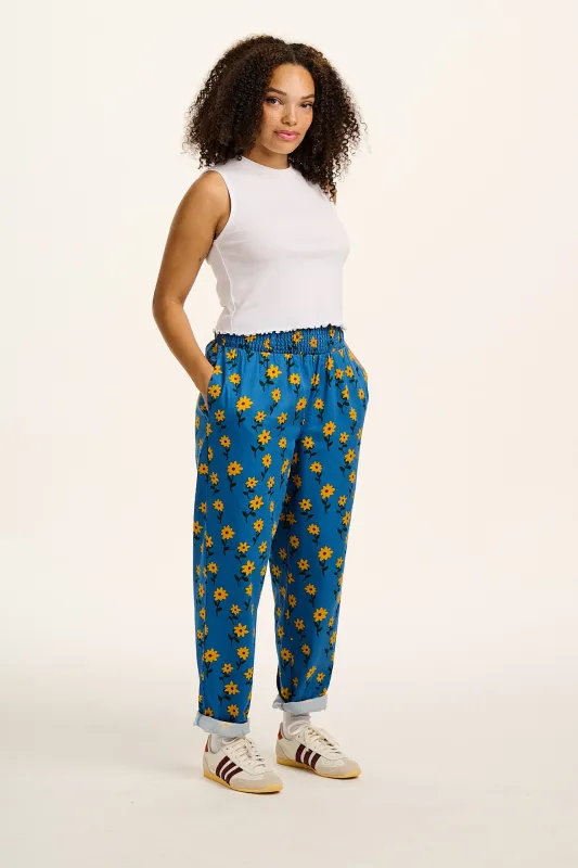 Alexa - Cotton Trousers in Blue Sunflowers Print sold by Lucy & Yak