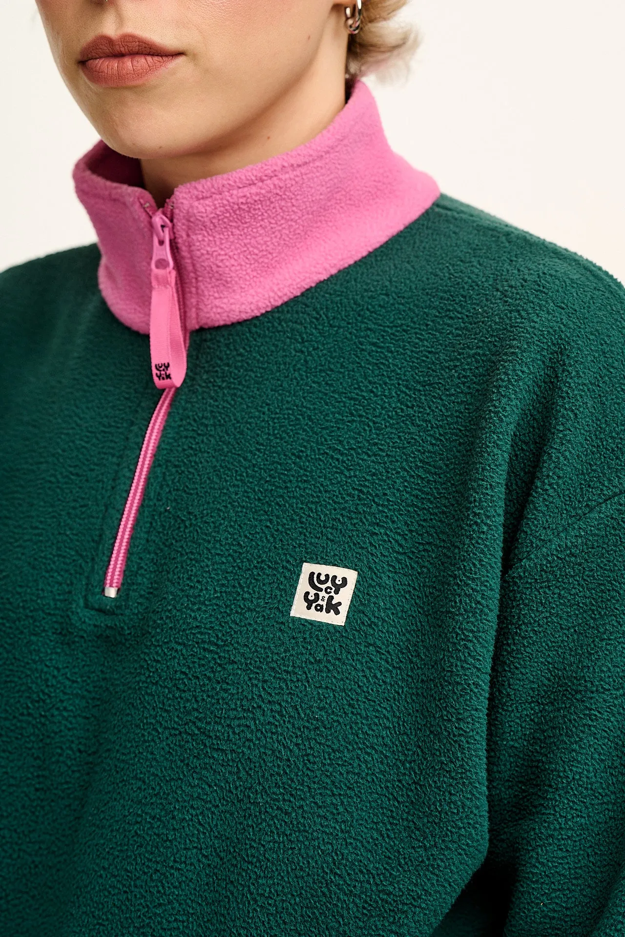 Blake - Cropped Polar Fleece in Green with Pink Contrast sold by Lucy & Yak product image thumbnail 2