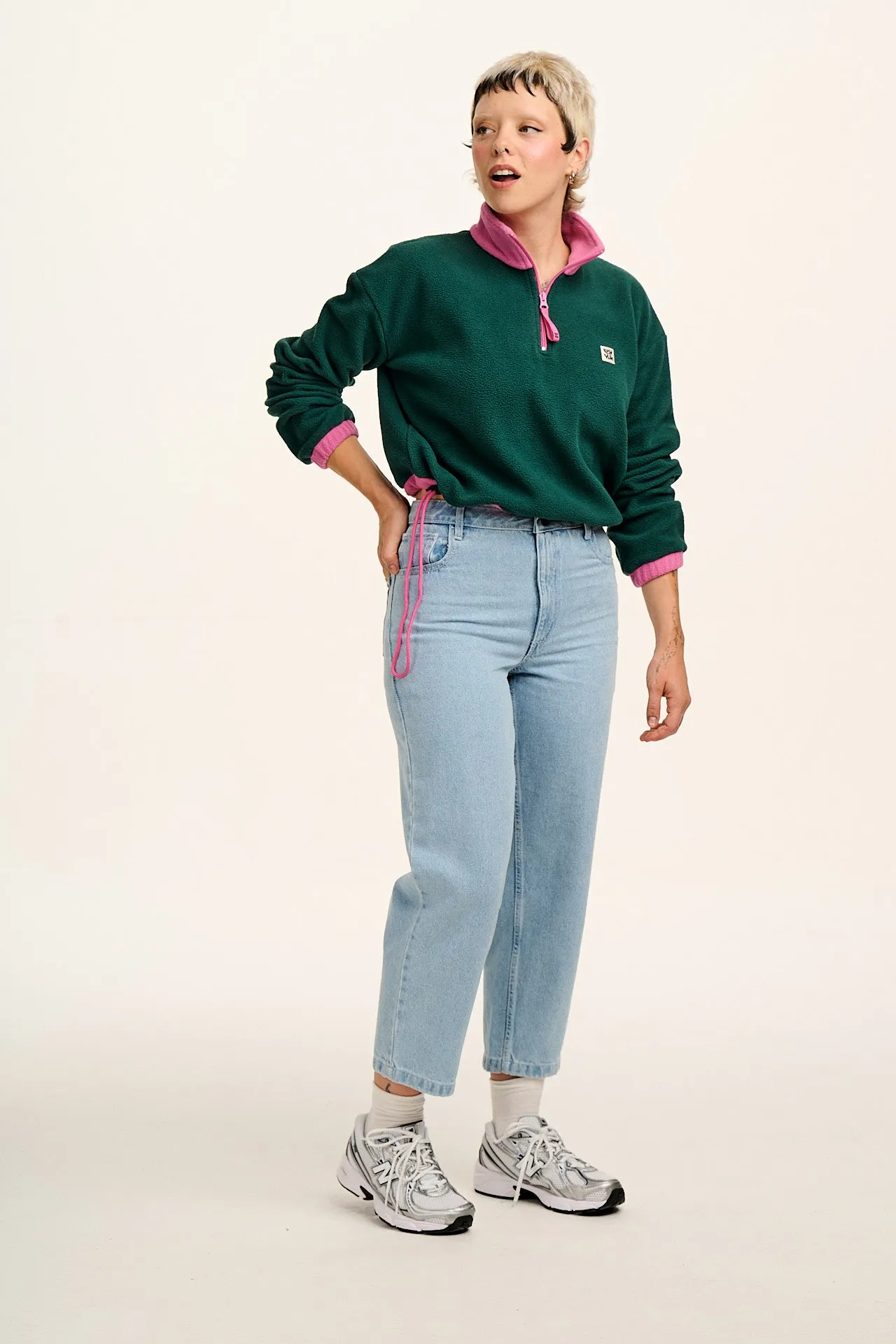 Blake - Cropped Polar Fleece in Green with Pink Contrast sold by Lucy & Yak product image thumbnail 4