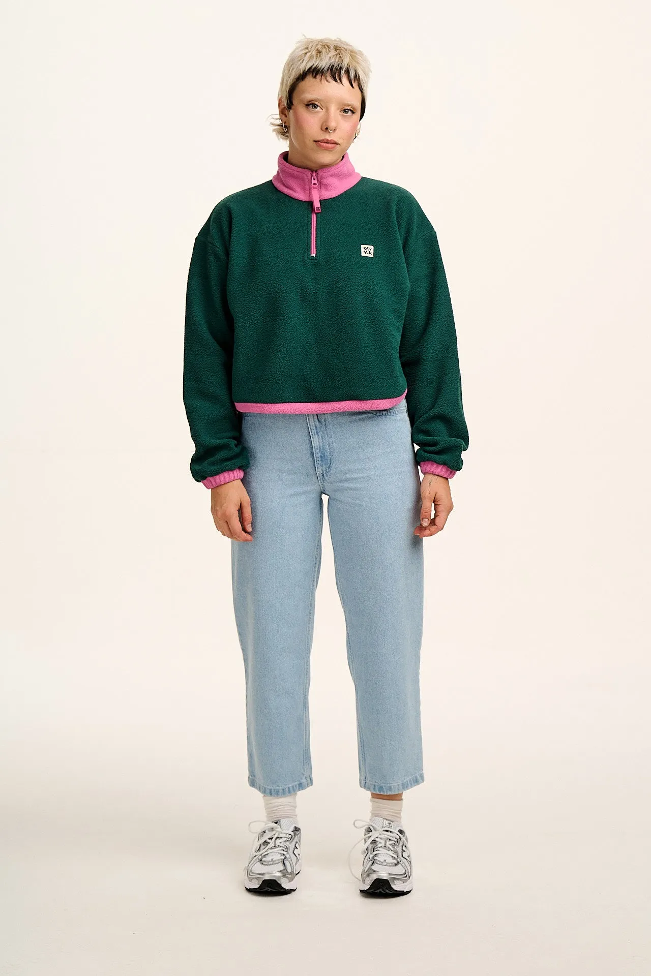 Blake - Cropped Polar Fleece in Green with Pink Contrast sold by Lucy & Yak product image thumbnail 3
