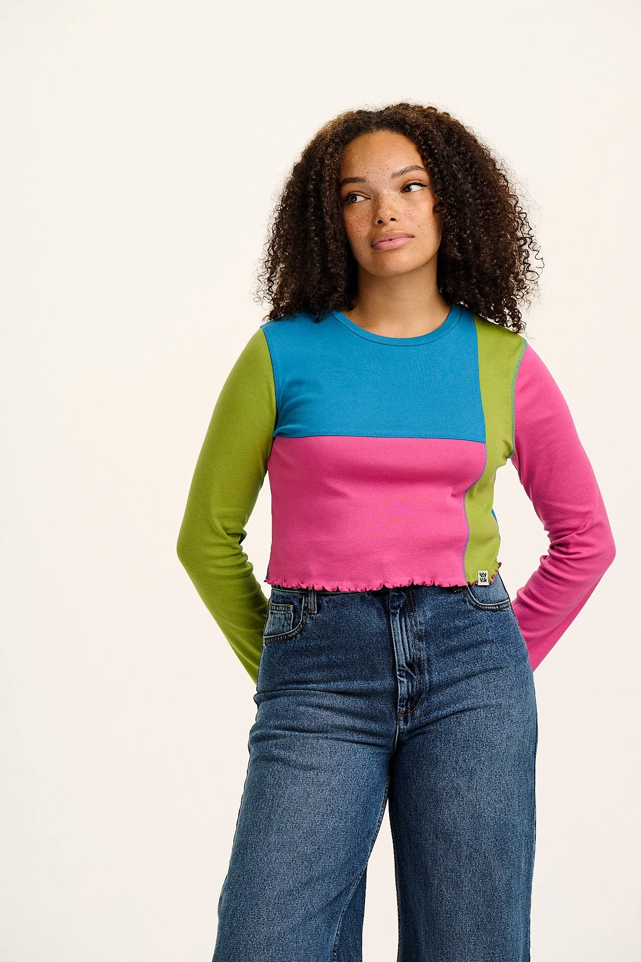 Hansel - Long Sleeve Cotton Crop Top in Pink, Blue & Green sold by Lucy & Yak