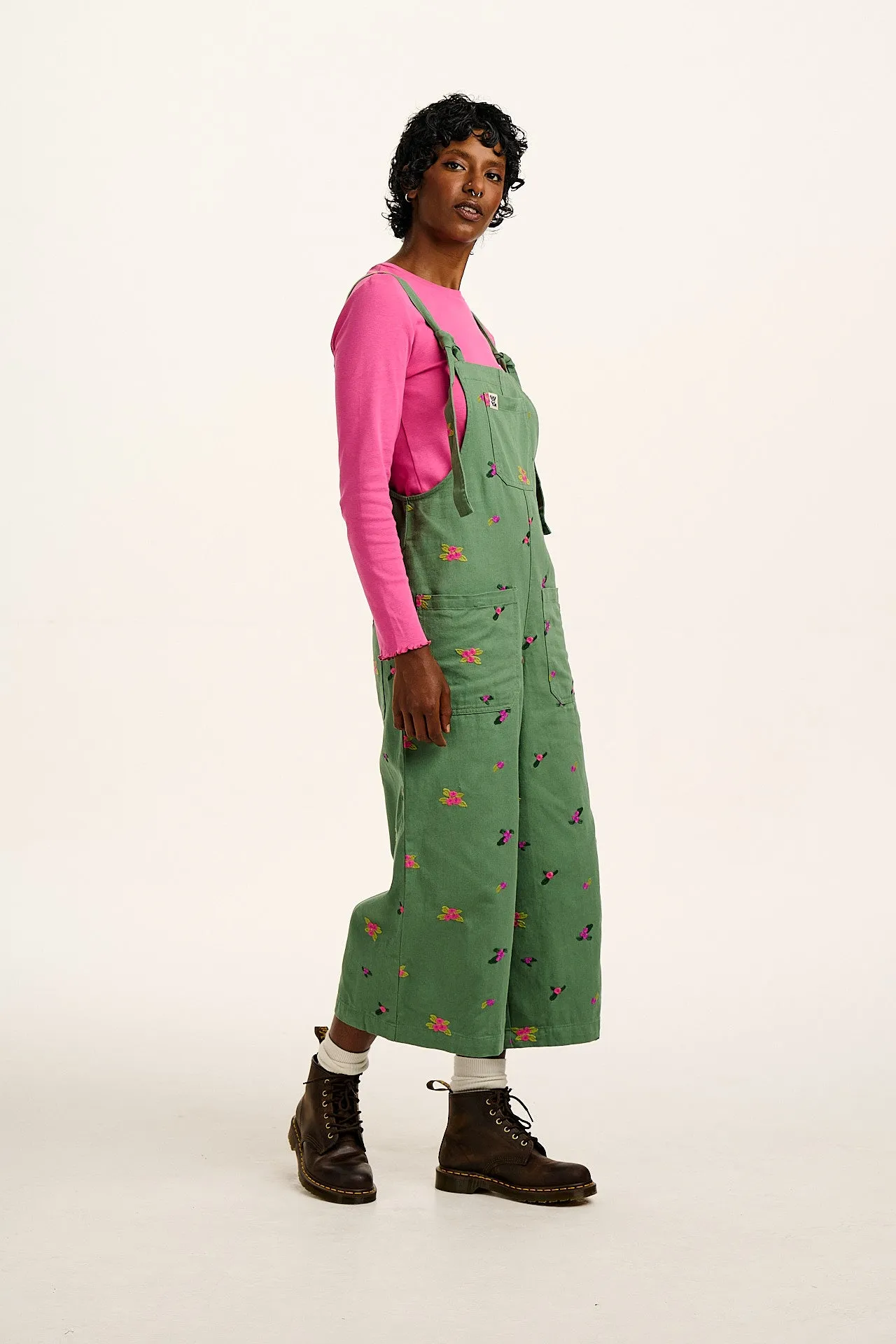 Jenny - Wide Leg Cotton Dungarees in Green with Floral Embroidery sold by Lucy & Yak product image thumbnail 3