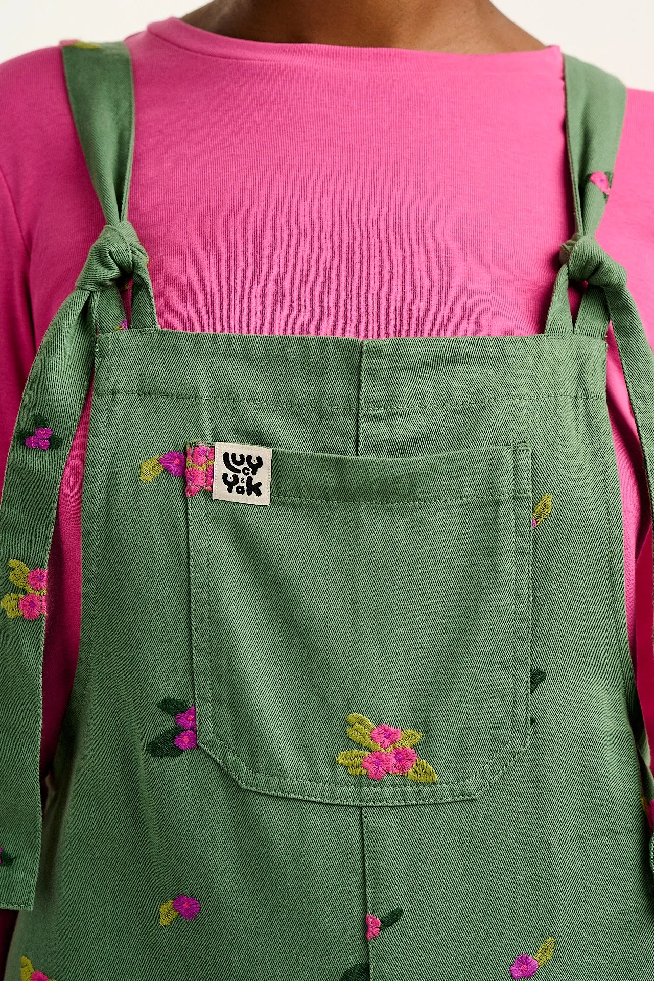 Jenny - Wide Leg Cotton Dungarees in Green with Floral Embroidery sold by Lucy & Yak product image thumbnail 2