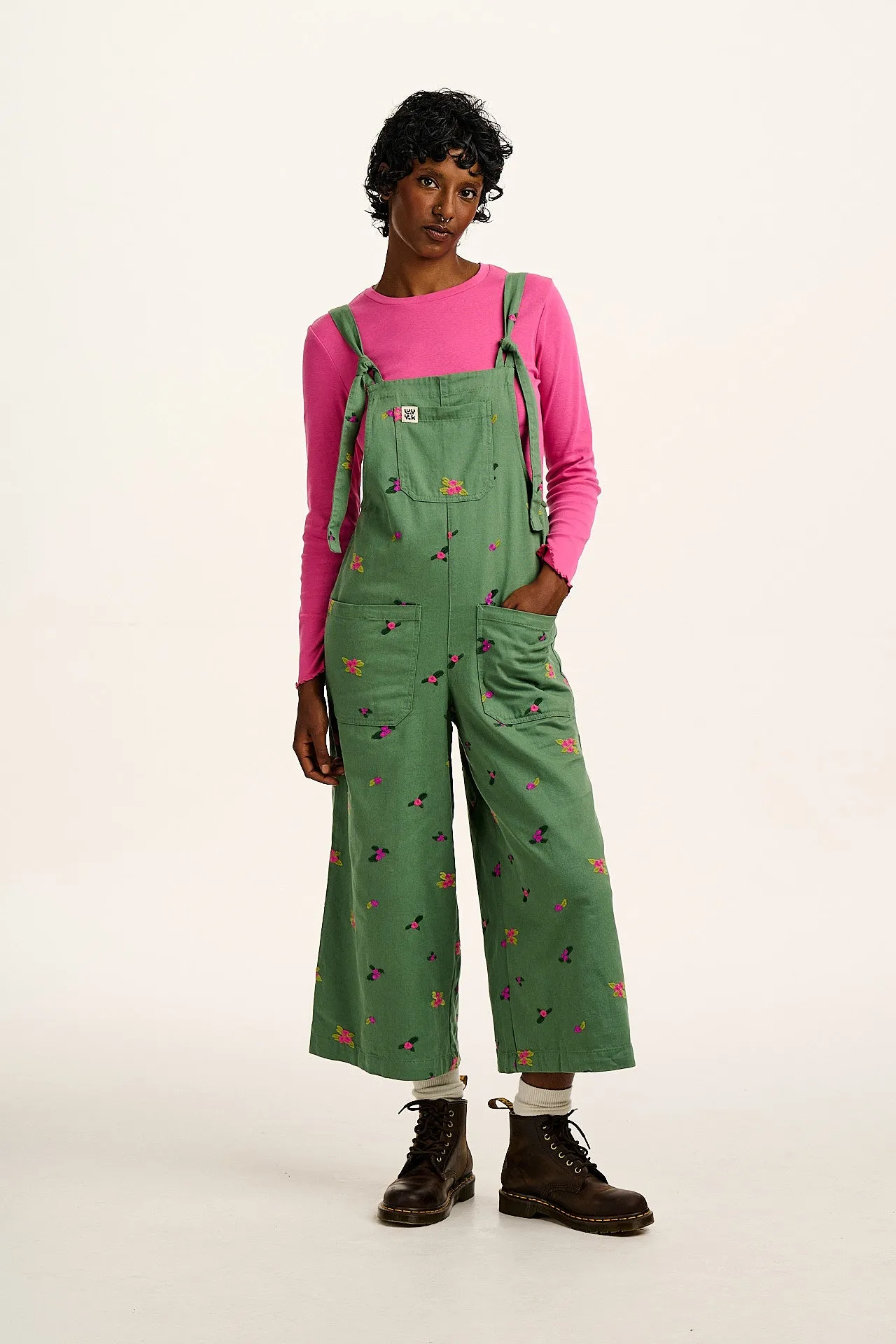 Jenny - Wide Leg Cotton Dungarees in Green with Floral Embroidery sold by Lucy & Yak