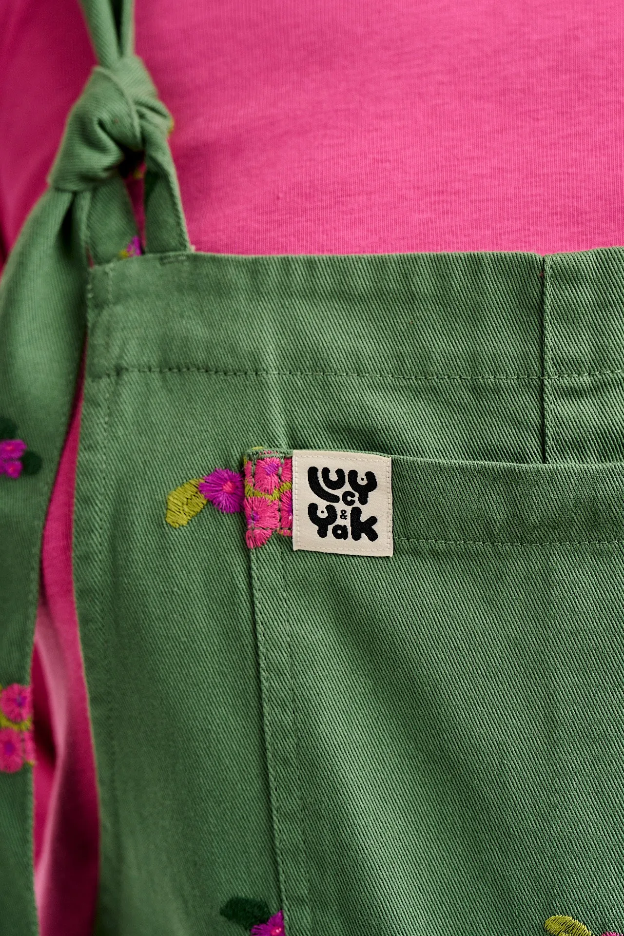 Jenny - Wide Leg Cotton Dungarees in Green with Floral Embroidery sold by Lucy & Yak product image thumbnail 5