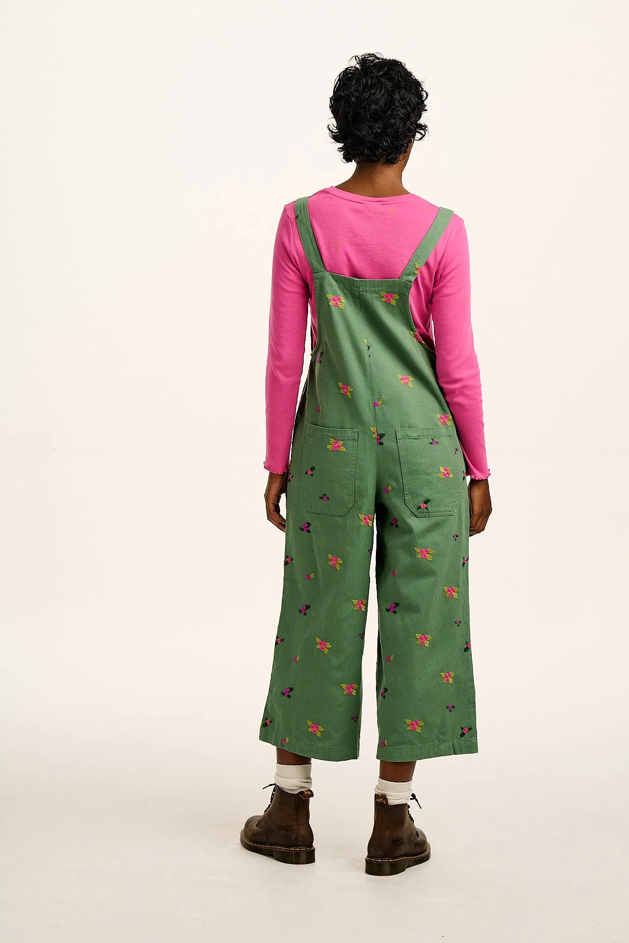 Jenny - Wide Leg Cotton Dungarees in Green with Floral Embroidery sold by Lucy & Yak product image thumbnail 4