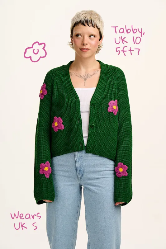 Robyn - V-Neck Cotton Cardigan in Green with Bubble Floral Motif sold by Lucy & Yak