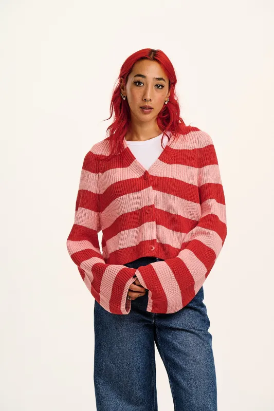 Robyn - V-Neck Cotton Cardigan in Pink & Red Stripe sold by Lucy & Yak