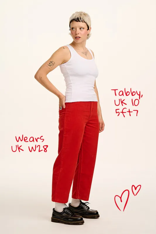 Drew - Cropped Straight Leg Corduroy Trousers in Red sold by Lucy & Yak