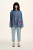 Olly - Denim Jacket in Mid Wash Blue with Pink Flower Motif sold by Lucy & Yak