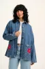 Olly - Denim Jacket in Mid Wash Blue with Pink Flower Motif sold by Lucy & Yak