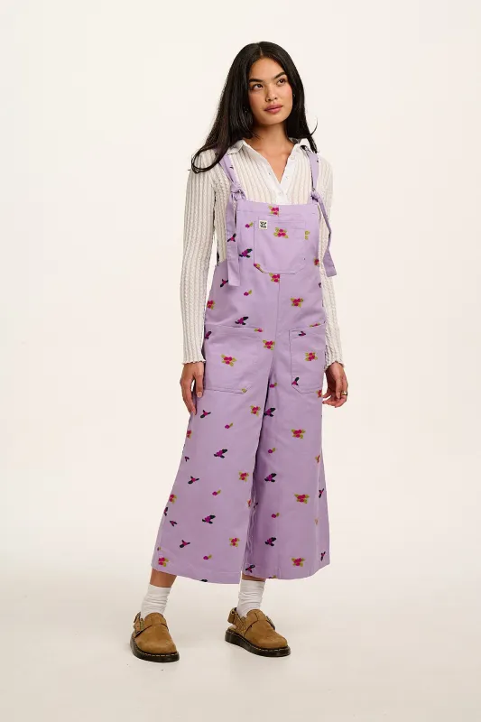 Jenny -  Wide Leg Cotton Dungarees in Lilac with Floral Embroidery sold by Lucy & Yak