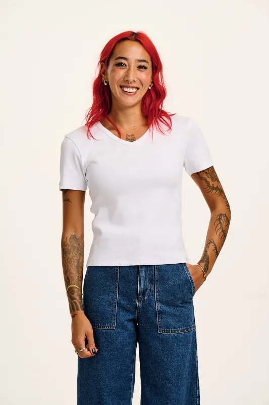 Ivy - Ribbed Cotton V Neck Tee in White sold by Lucy & Yak