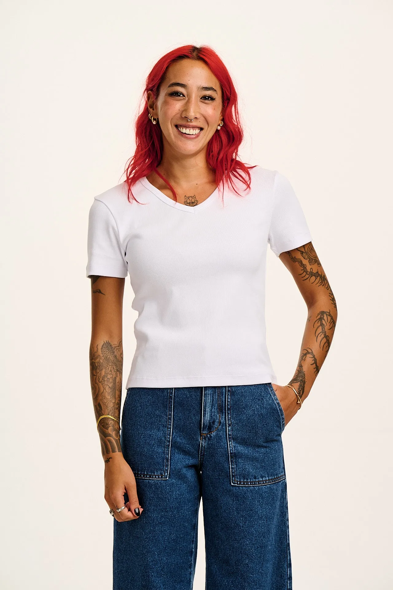 Ivy - Ribbed Cotton V Neck T-Shirt in White sold by Lucy & Yak