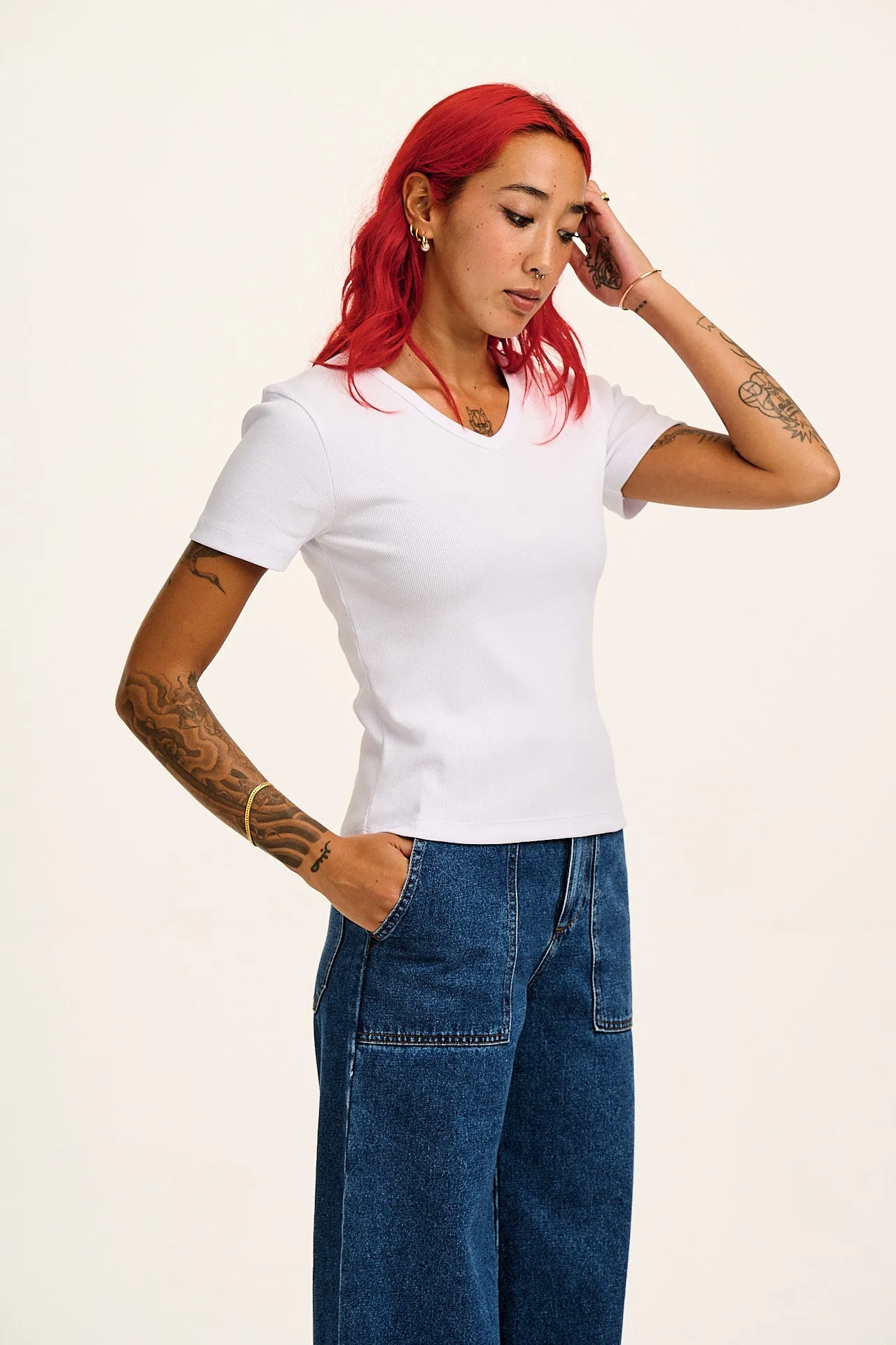 Ivy - Ribbed Cotton V Neck T-Shirt in White sold by Lucy & Yak product image thumbnail 4