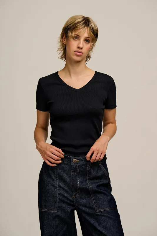 Ivy - Ribbed Cotton V Neck T-Shirt in Black made by Lucy & Yak