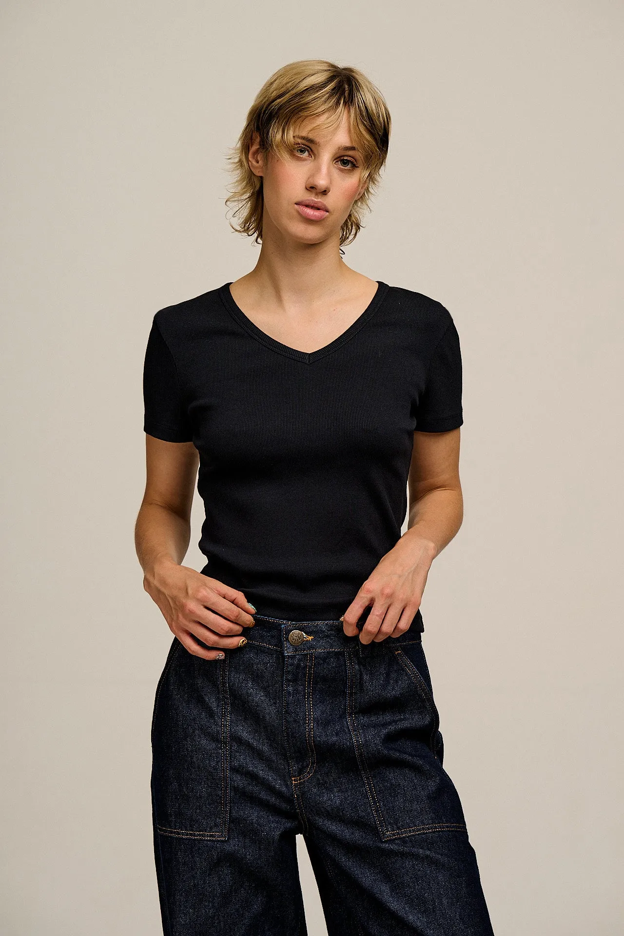 Ivy - Ribbed Cotton V Neck T-Shirt in Black sold by Lucy & Yak