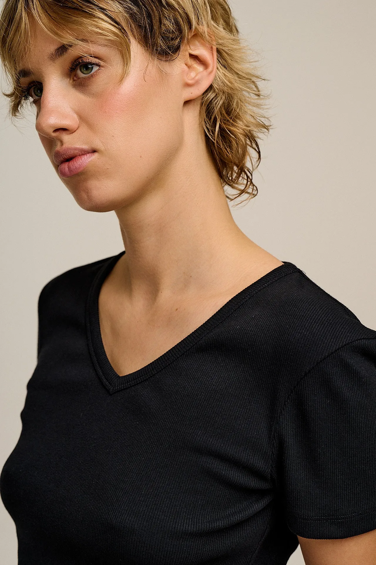 Ivy - Ribbed Cotton V Neck T-Shirt in Black sold by Lucy & Yak product image thumbnail 3