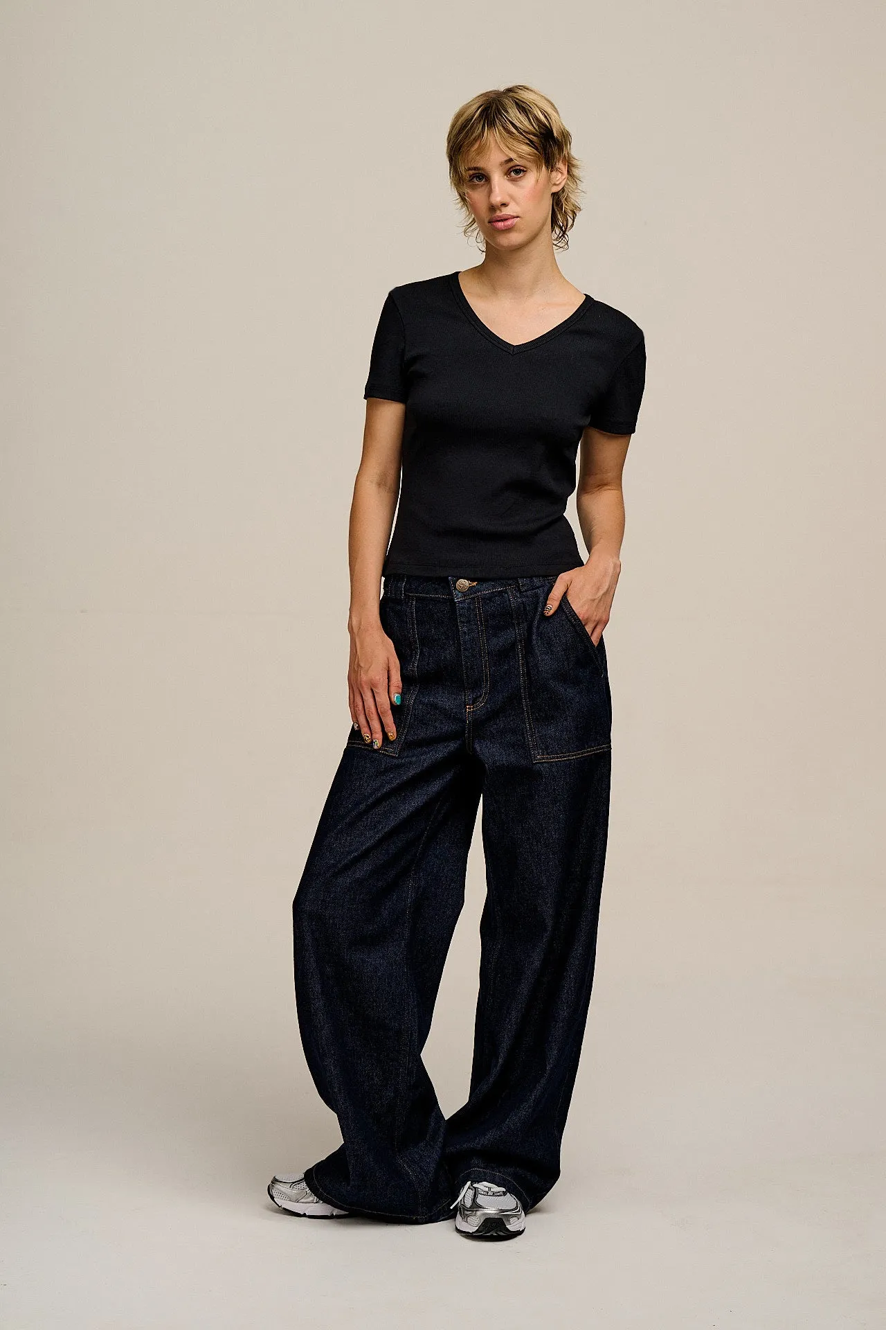 Ivy - Ribbed Cotton V Neck T-Shirt in Black sold by Lucy & Yak product image thumbnail 4