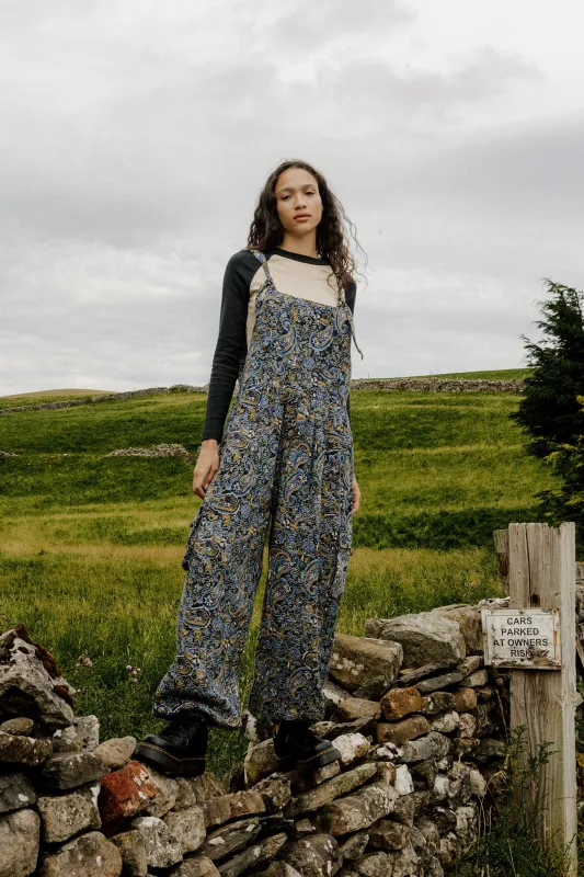 Miyada - Brushed Cotton Dungarees in Grunge Blue Paisley Print sold by Lucy & Yak