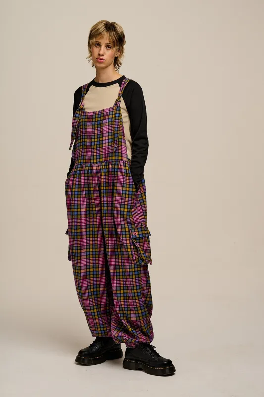Miyada - Brushed Cotton Dungarees in Grunge Purple Check sold by Lucy & Yak