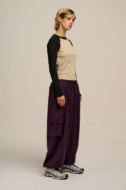 Rumi - Brushed Cotton Barrel Trousers in Plum Perfect sold by Lucy & Yak
