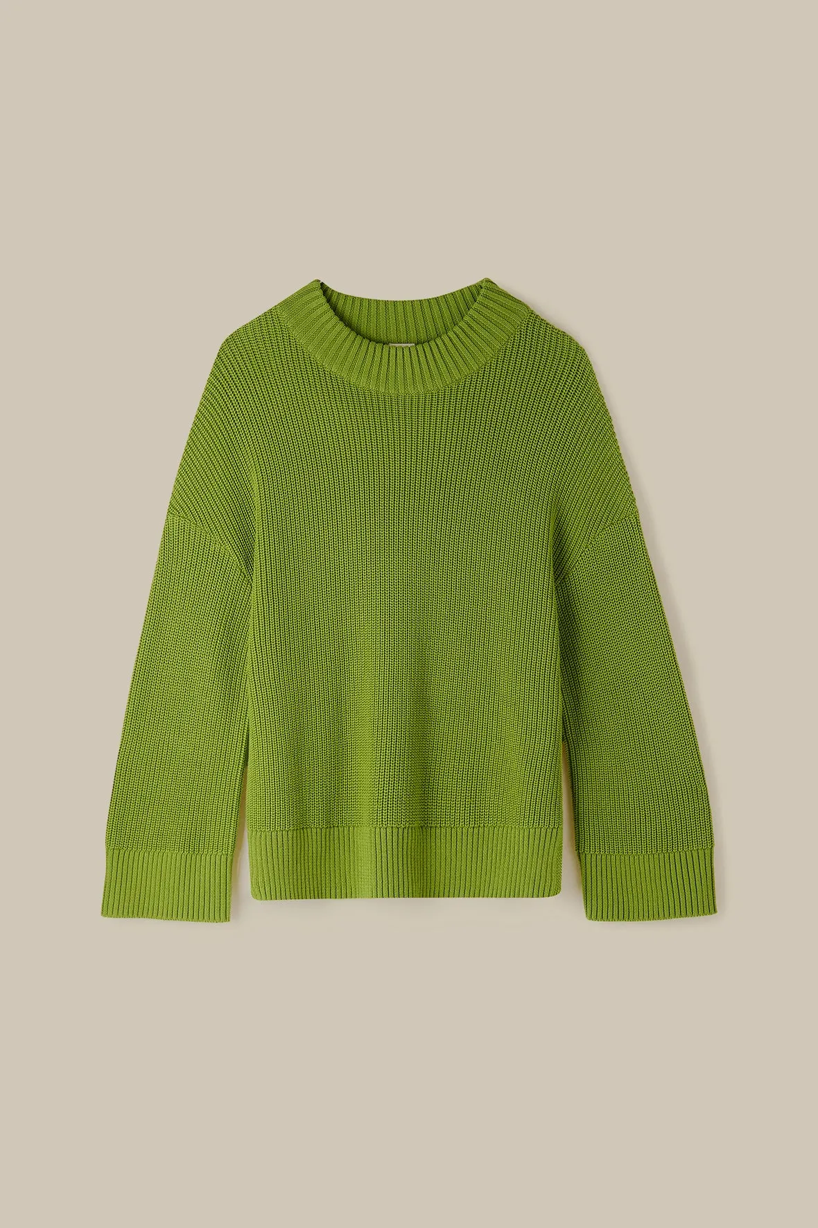 Amari - Oversized Knitted Jumper in Lima Bean Green sold by Lucy & Yak