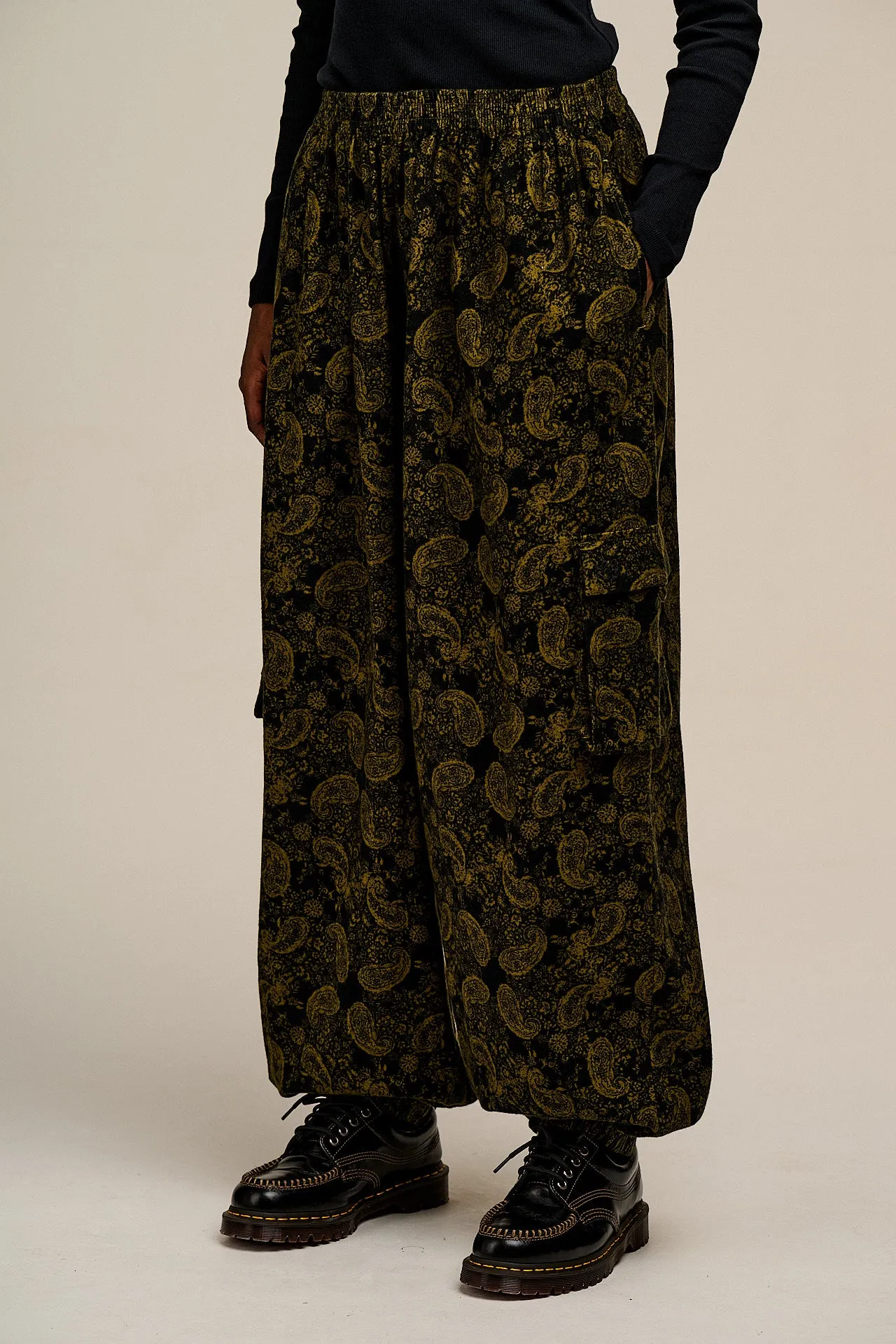 Rumi - Brushed Cotton Barrel Trousers in Grunge Green Paisley Print sold by Lucy & Yak