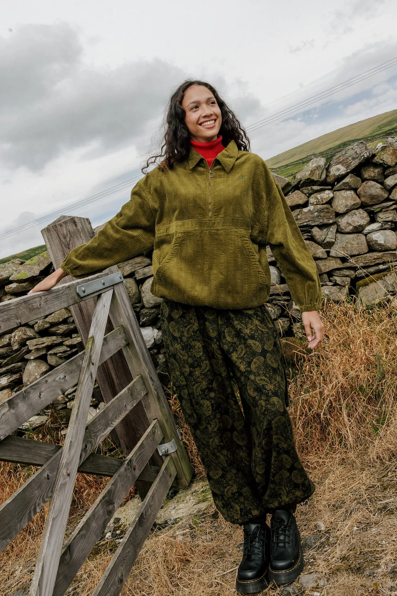Rumi - Brushed Cotton Barrel Trousers in Grunge Green Paisley Print sold by Lucy & Yak product image thumbnail 2