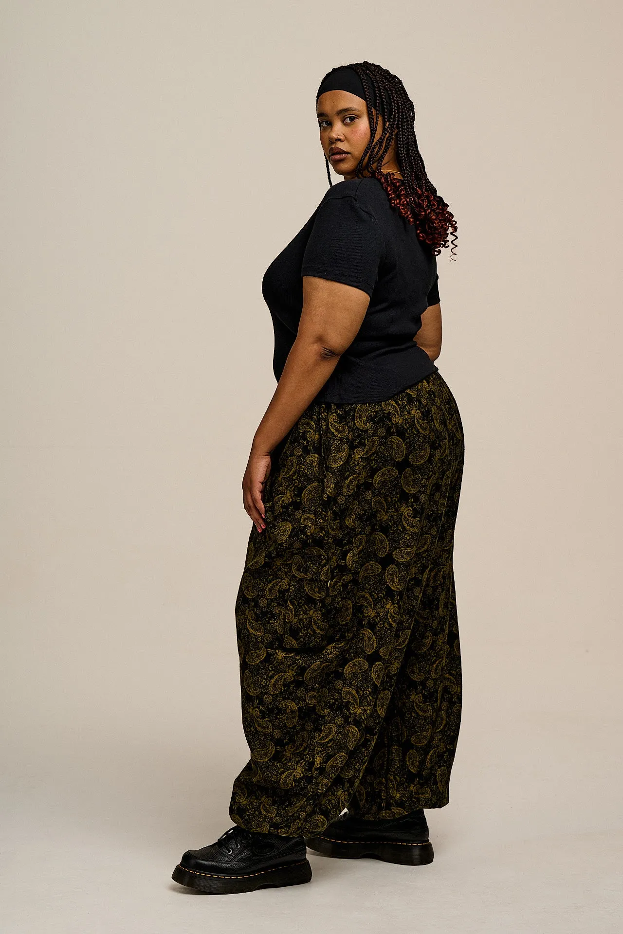 Rumi - Brushed Cotton Barrel Trousers in Grunge Green Paisley Print sold by Lucy & Yak product image thumbnail 3
