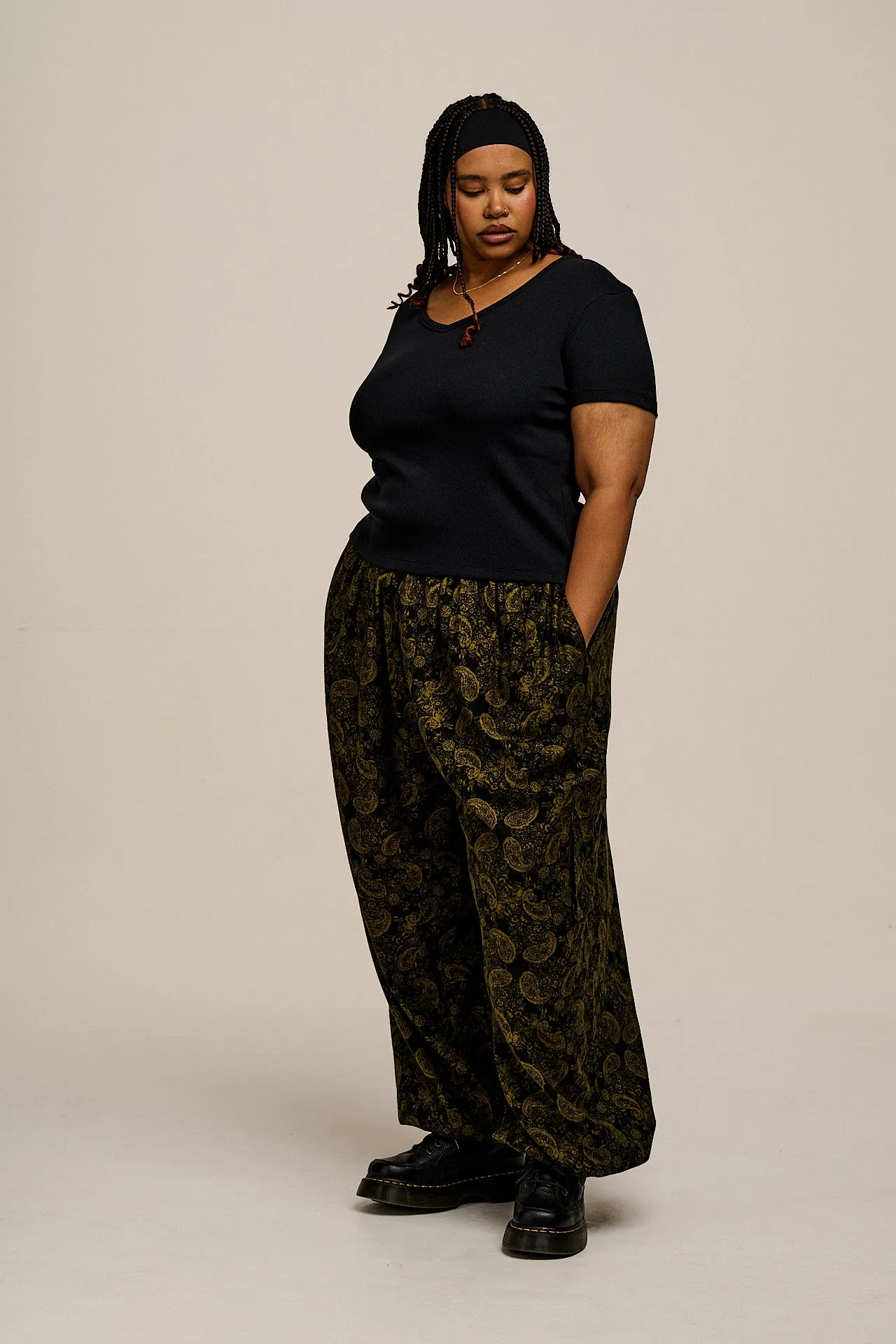 Rumi - Brushed Cotton Barrel Trousers in Grunge Green Paisley Print sold by Lucy & Yak product image thumbnail 4