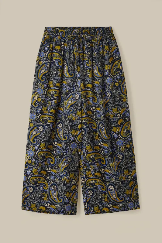 Chuck - Wide Leg Cotton Trousers in Grunge Blue Paisley Print sold by Lucy & Yak