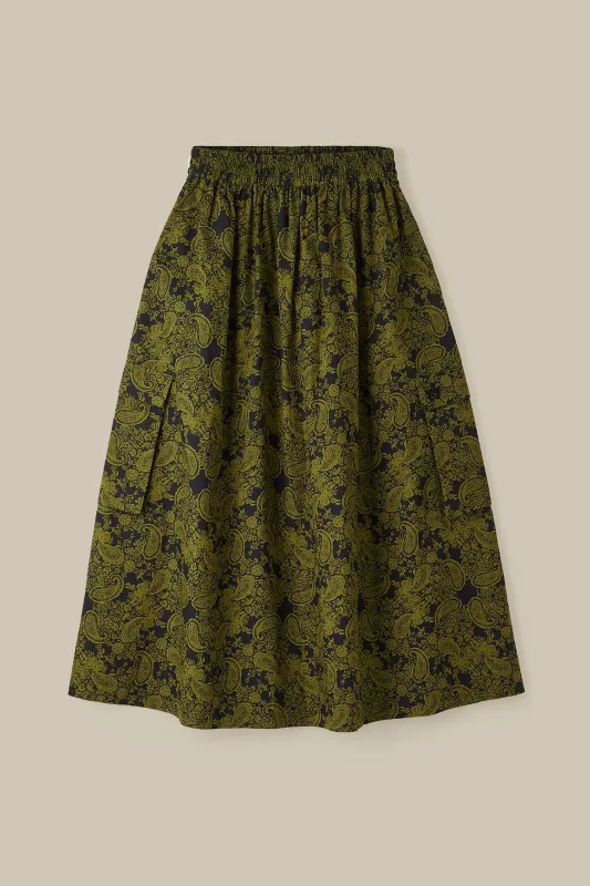 Dakota - Midi Skirt in Grunge Green Paisley Print sold by Lucy & Yak