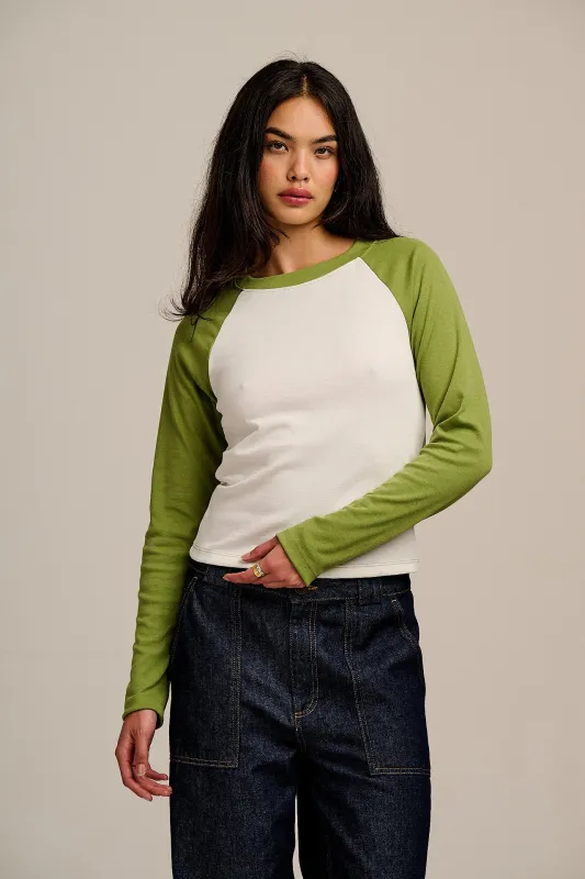 Avi - Long Sleeve Raglan Tee in Green & White sold by Lucy & Yak