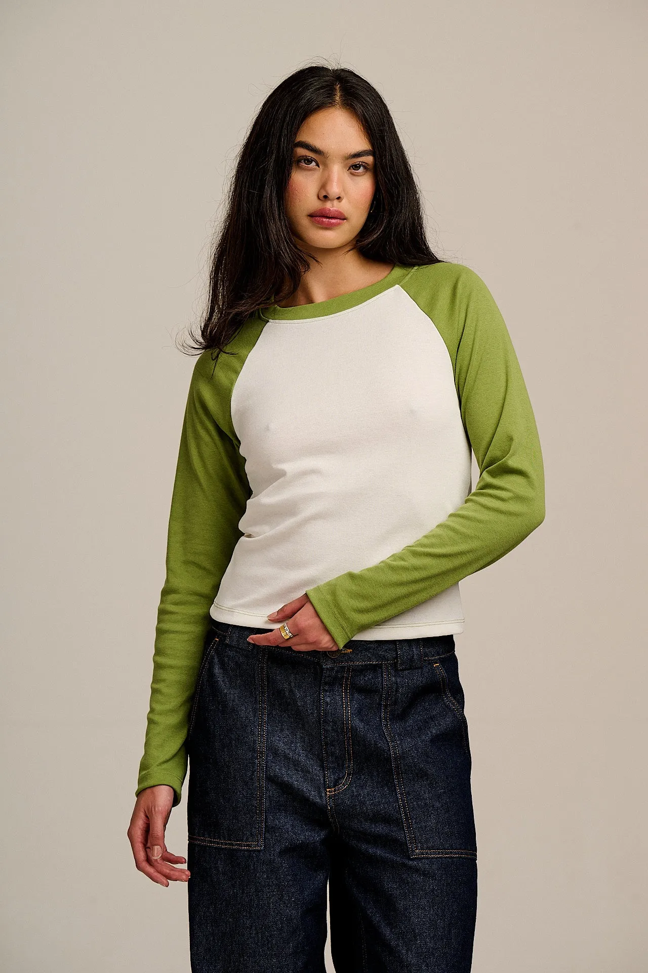 Avi - Long Sleeve Raglan T-Shirt in Green & White sold by Lucy & Yak