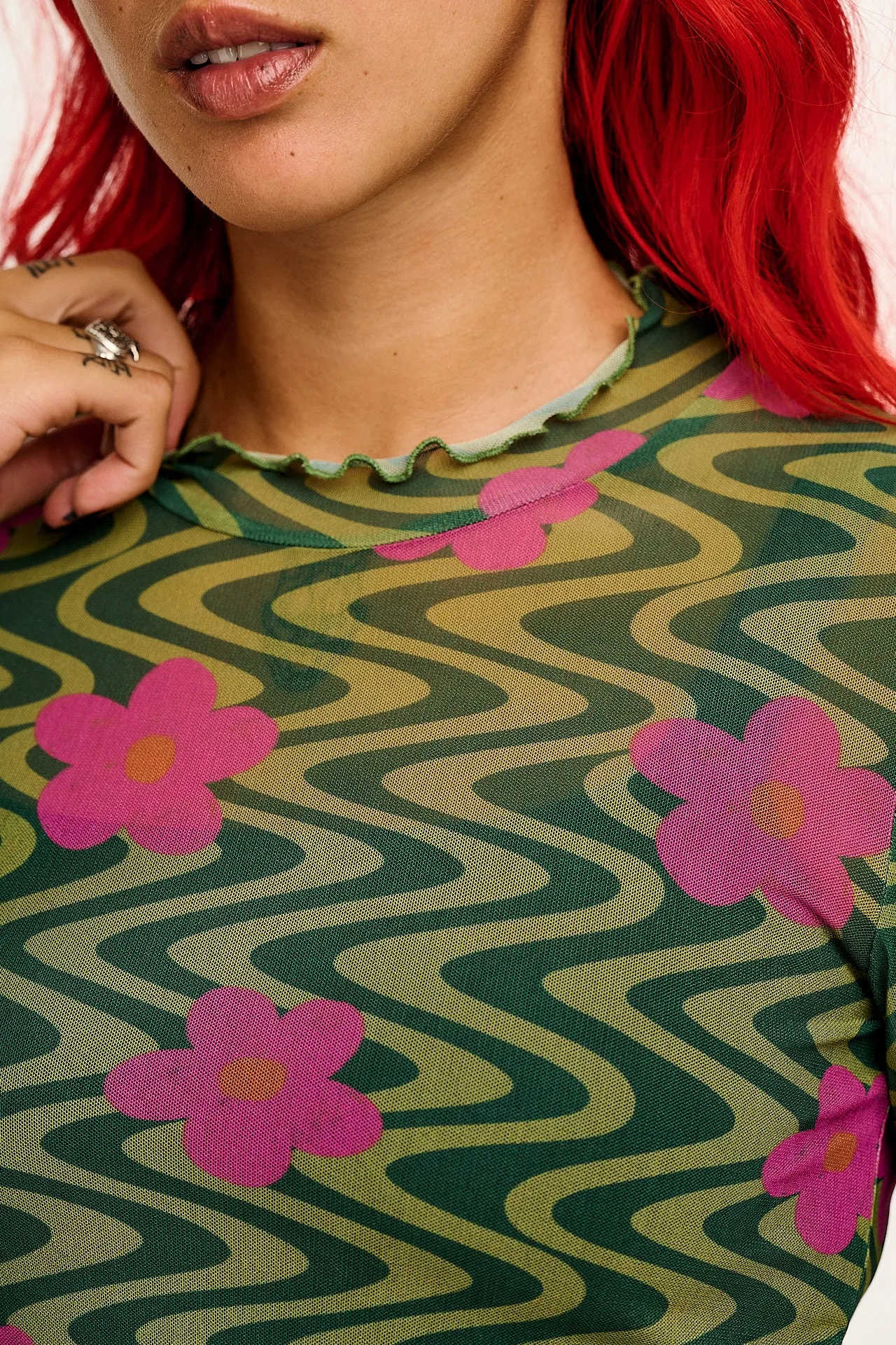 Perrie - Long Sleeve Mesh Top in Green Floral Swirl Print sold by Lucy & Yak product image thumbnail 3
