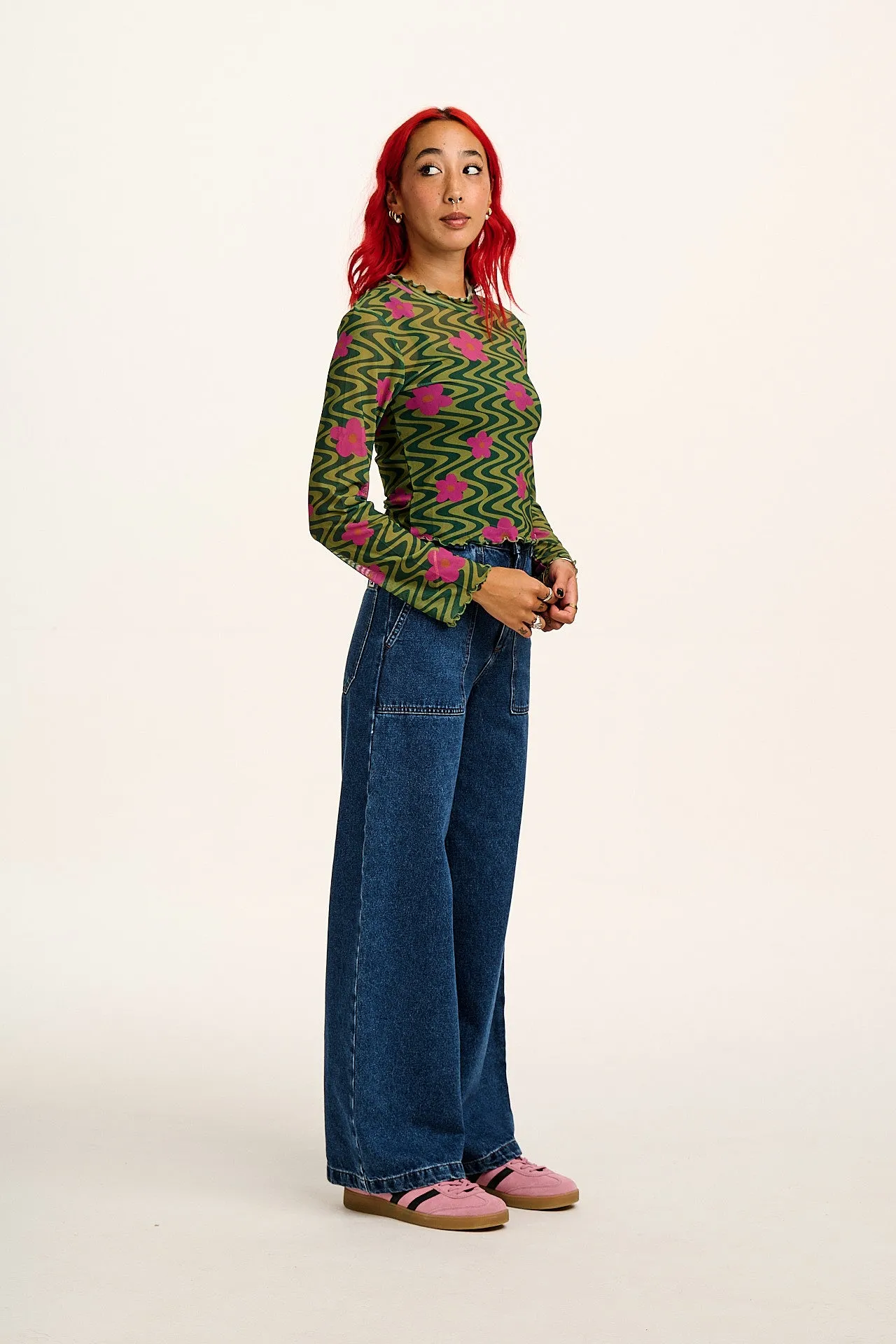 Perrie - Long Sleeve Mesh Top in Green Floral Swirl Print sold by Lucy & Yak product image thumbnail 2