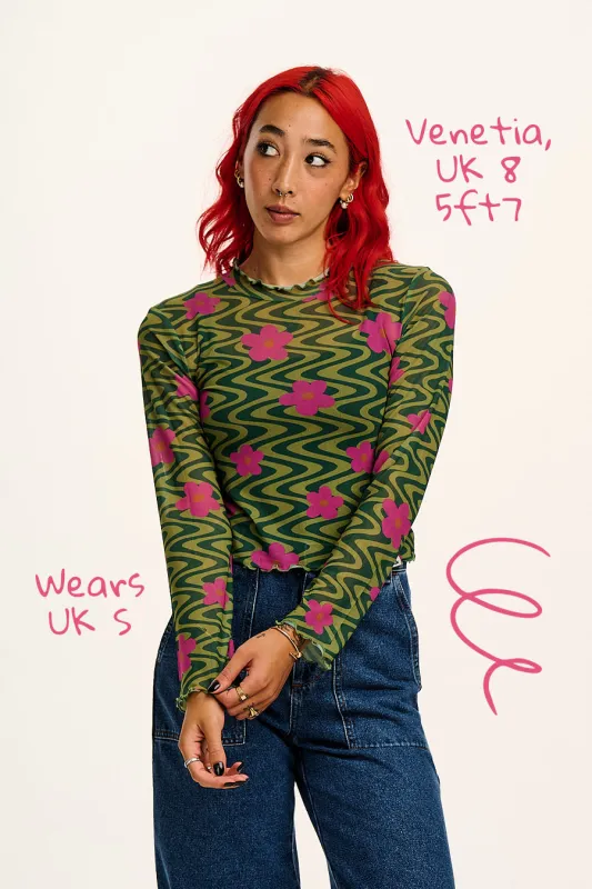 Perrie - Long Sleeve Mesh Top in Green Floral Swirl Print sold by Lucy & Yak