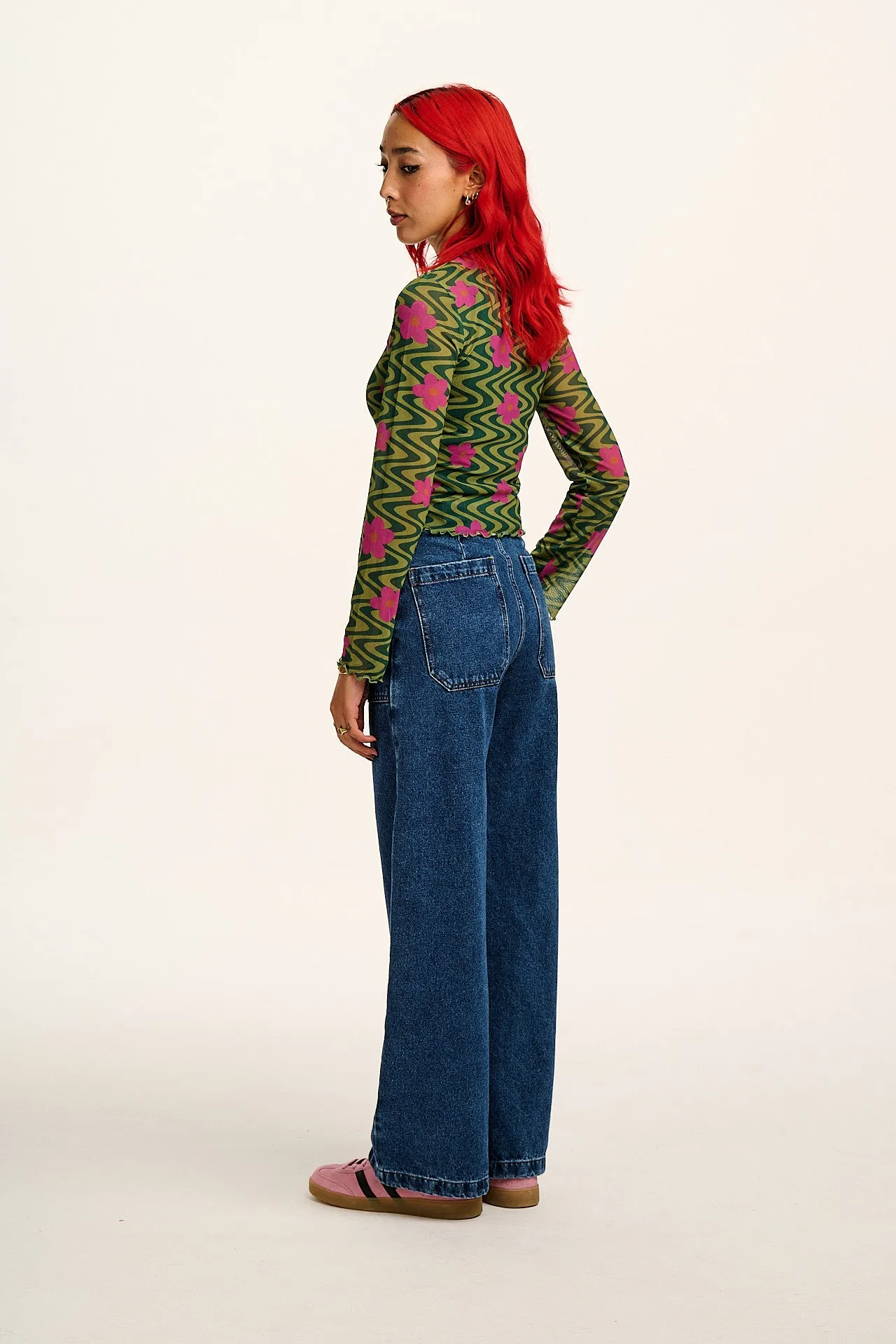 Perrie - Long Sleeve Mesh Top in Green Floral Swirl Print sold by Lucy & Yak product image thumbnail 5