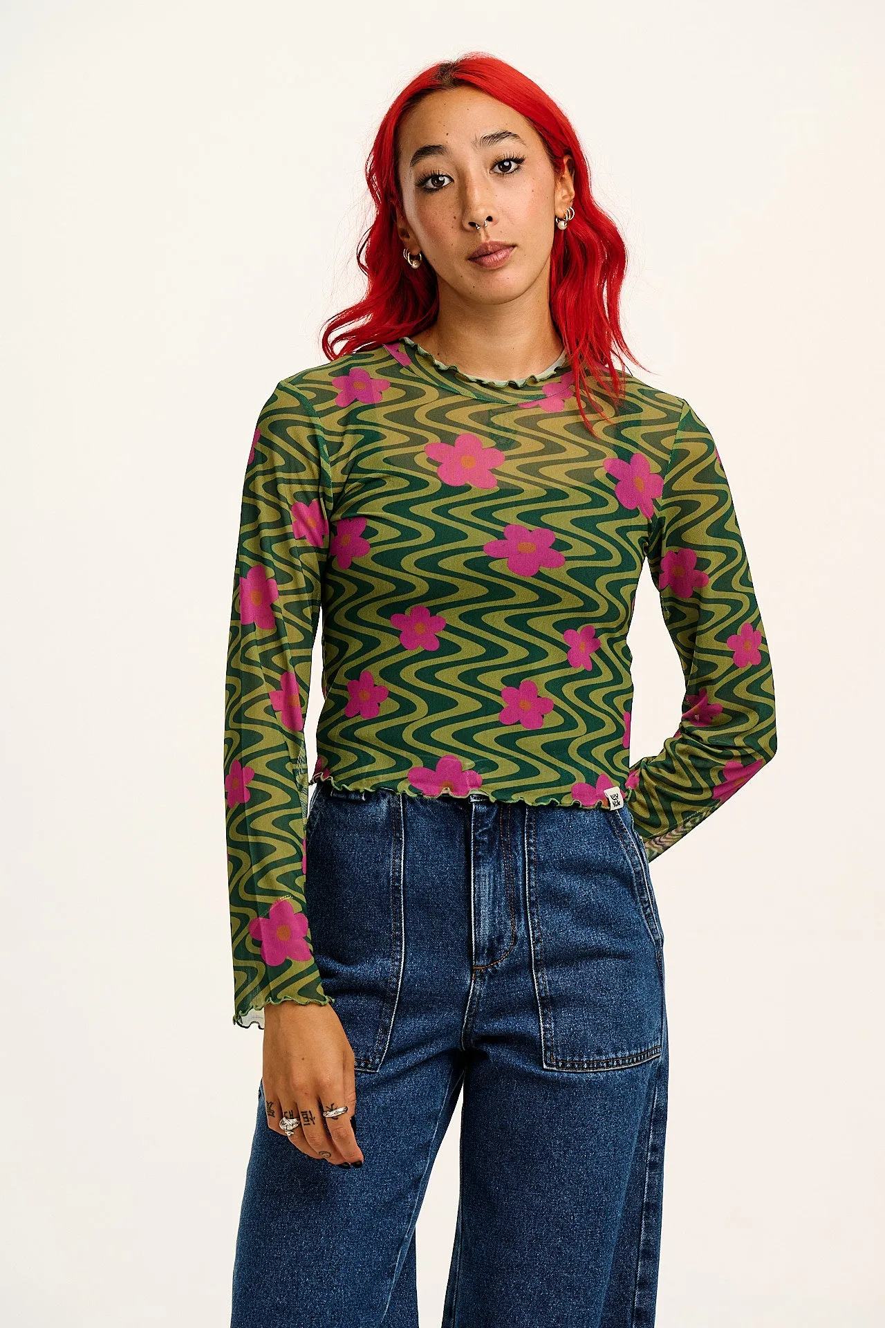Perrie - Long Sleeve Mesh Top in Green Floral Swirl Print sold by Lucy & Yak product image thumbnail 4