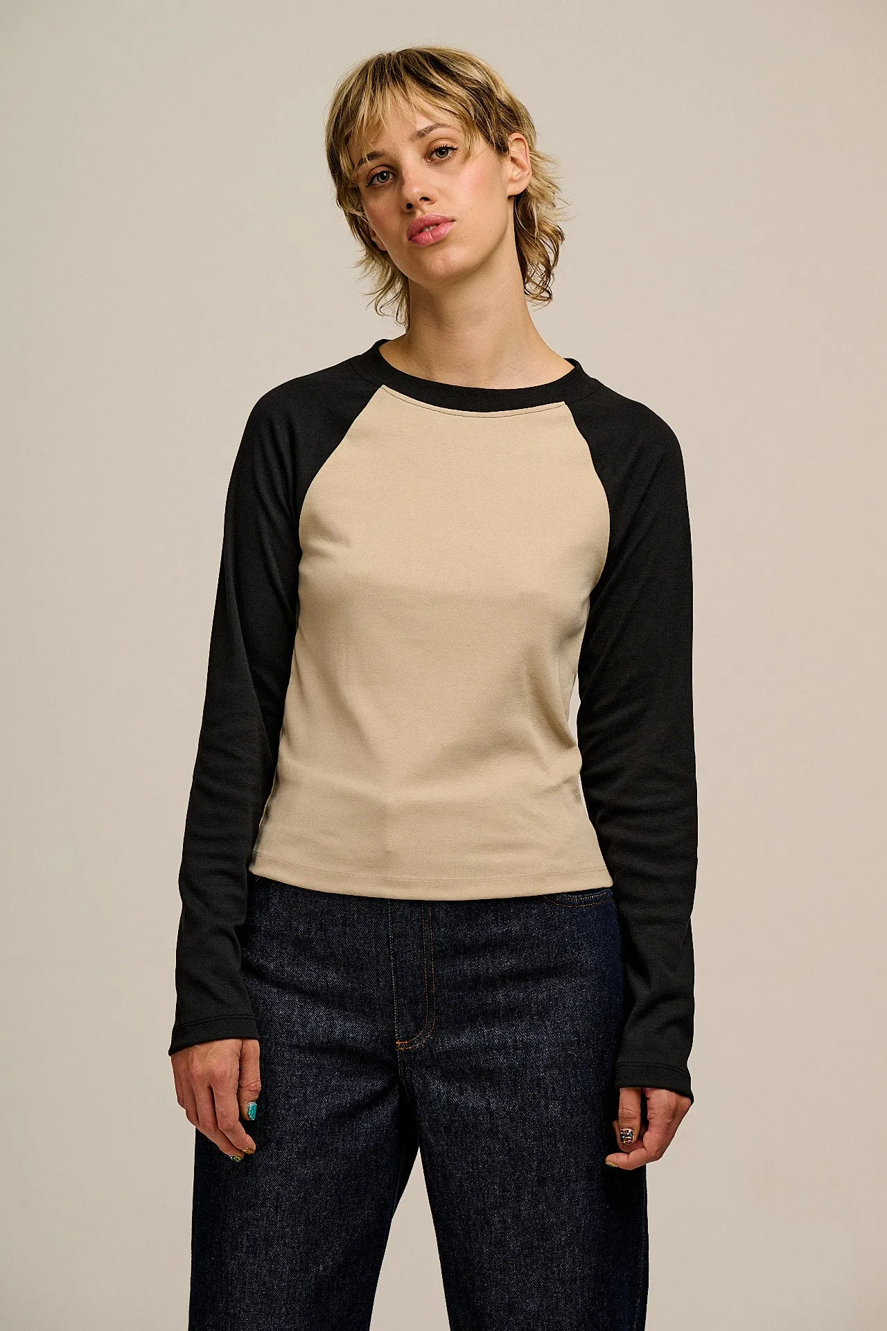 Avi - Long Sleeve Raglan T-Shirt in Black & Beige sold by Lucy & Yak
