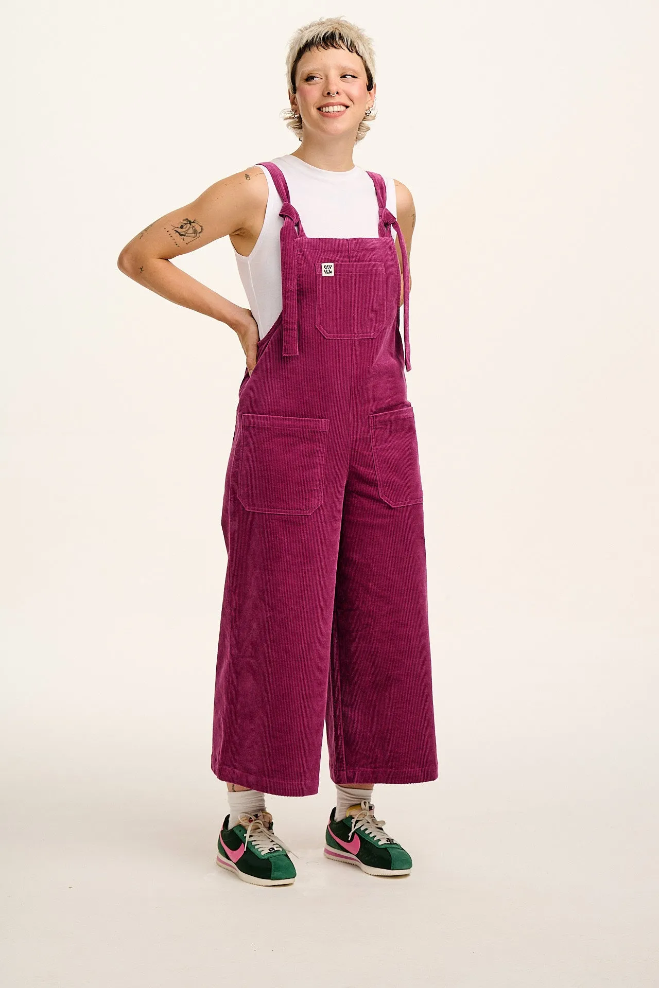 Jenny - Wide Leg Corduroy Dungaree in Raspberry sold by Lucy & Yak product image thumbnail 4
