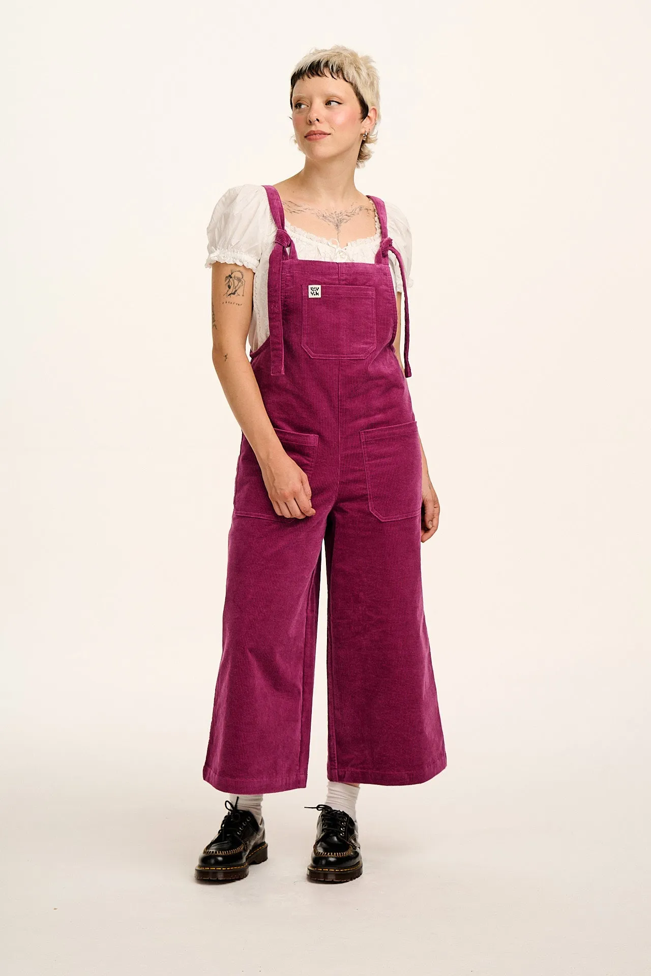 Jenny - Wide Leg Corduroy Dungaree in Raspberry sold by Lucy & Yak