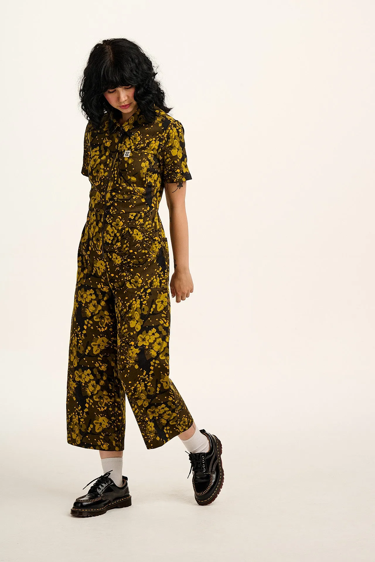 Ragan - Cotton Jumpsuit in Green Blossom Print sold by Lucy & Yak