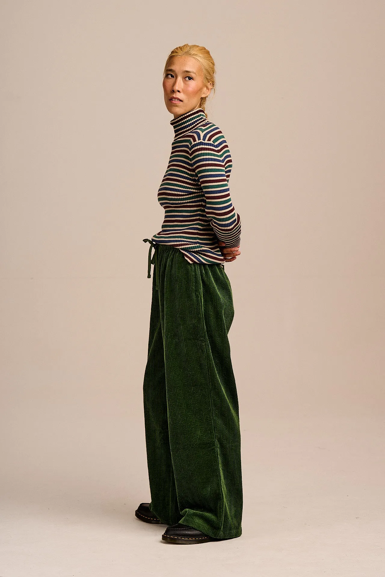 Norris - Wide Leg Corduroy Trousers in Fir Green sold by Lucy & Yak product image thumbnail 4