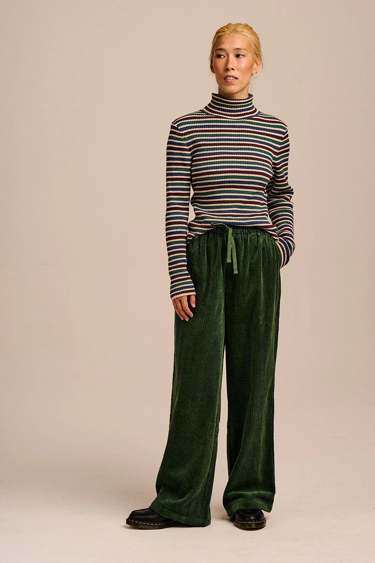 Norris - Wide Leg Corduroy Trousers in Fir Green sold by Lucy & Yak