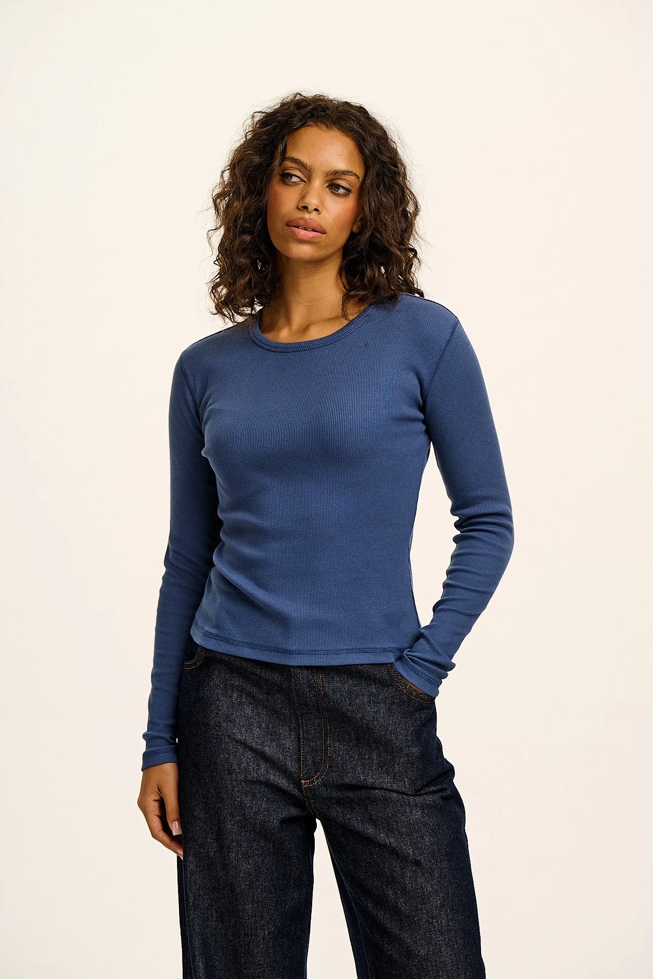 Grayson - Cotton Long Sleeve T-Shirt in Denim Blue sold by Lucy & Yak
